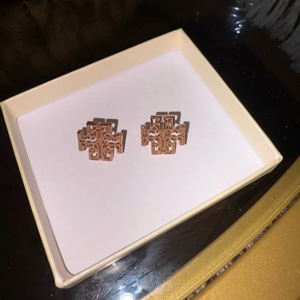 Tory Burch Rose Gold Geometric Cross Stud Earrings